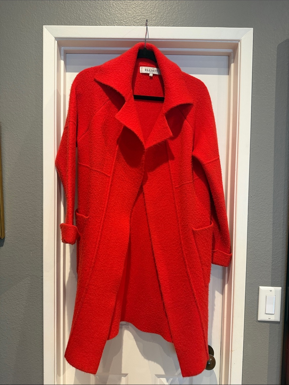 Anthropologie Elliatt Red Bouclé Coat Textured Open Front Long Coat Small